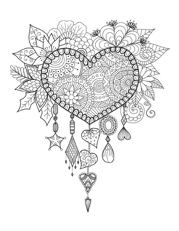 Dream catcher and heart coloring page